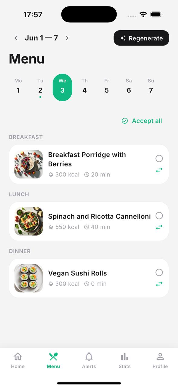 Nutrig — weekly menu